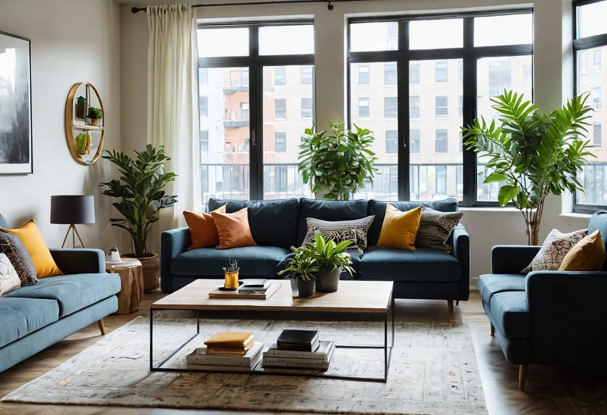 A cozy, stylish apartment interior featuring a well-decorated living room with modern furniture, plants, and warm lighting. Include a welcoming atmosphere with a key and rental agreement on a coffee table, symbolizing the concept of unlocking a dream space. Blend in elements of tenant rights, like a printed guidebook on a shelf. Envision a bright, sunny day visible through large windows. super-realistic. vibrant colors. 3D.