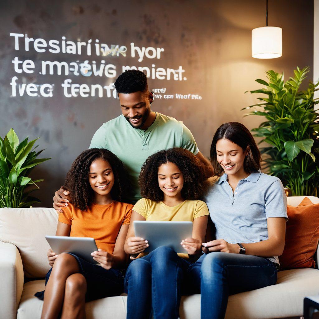 A diverse group of tenants, including a family with children and a young professional, looking at a digital tablet together in a modern apartment setting. The background features cozy furniture, plants, and an inspirational quote about tenant rights displayed on a wall. Soft lighting enhances the warm atmosphere, conveying a sense of community and empowerment. super-realistic. vibrant colors. modern style.